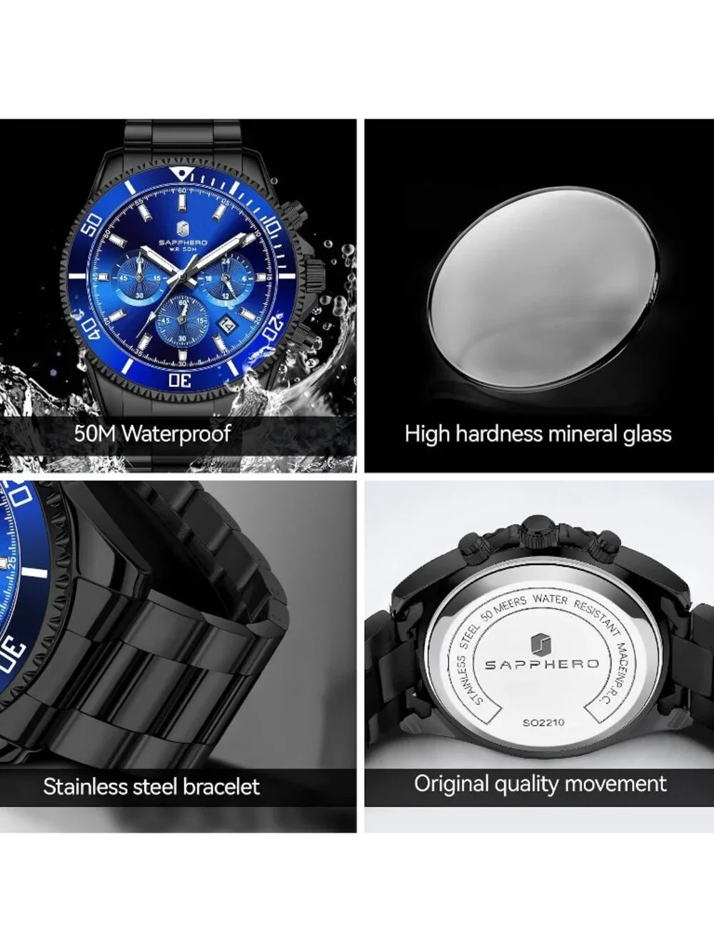 Men's Black Strap Blue Face Quartz Chronograph Stainless Steel Waterproof Watch